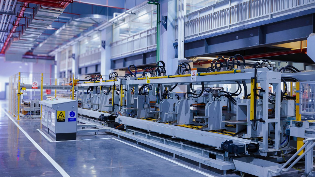 Automated machinery along a factory production line